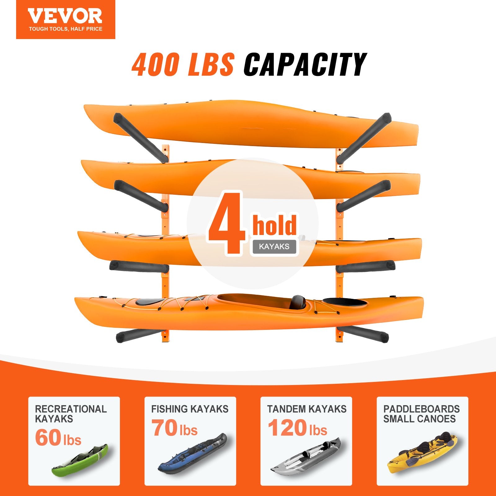 Wall Kayak Storage Rack, 4-Capacity Wall Mounted Kayak Holders For Kayak Canoe Paddle Board, Kayak Storage Hooks With Adjustable Padded Arms, 400 LBS Load Kayak Hanger For Indoor Outdoor Garage