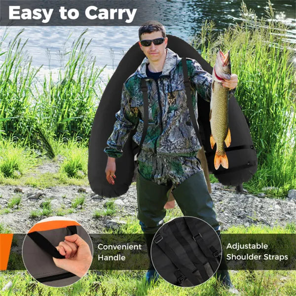 350lbs Inflatable Fishing Float Tube - 2 Air Chambers, Rod Holder+Fish Ruler, Orange+Gray