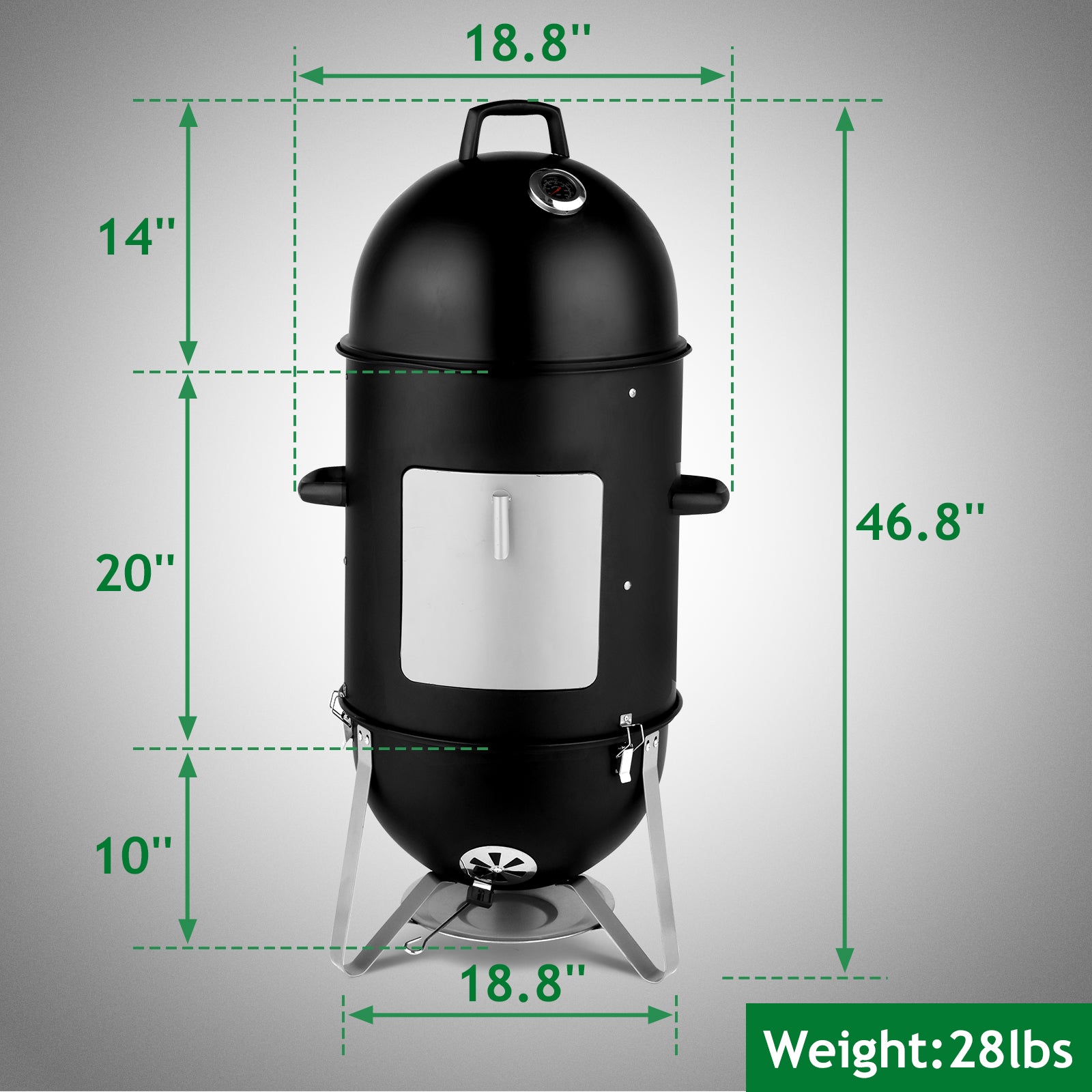 48x48x119cm Black 3-layer Oval Cylinder Smoker Iron Charcoal Grill