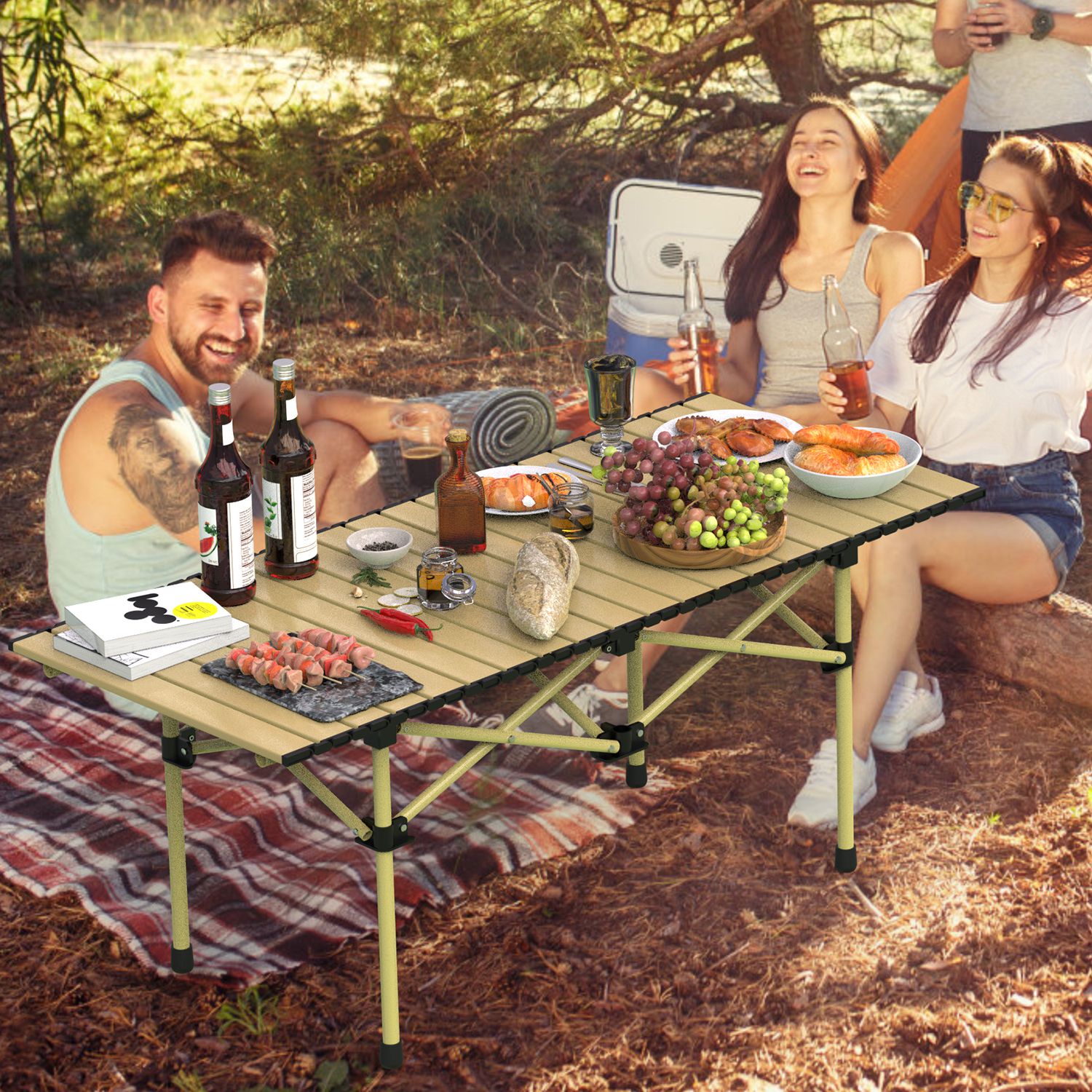 1Pc S Or L Size Options Folding Camping Table Portable Lightweight Carbon Steel Roll-up Picnic BBQ Desk With Carry Bag Heavy Duty For Outdoor Beach Backyard Party Patio Camping Hiking BBQ Picnic