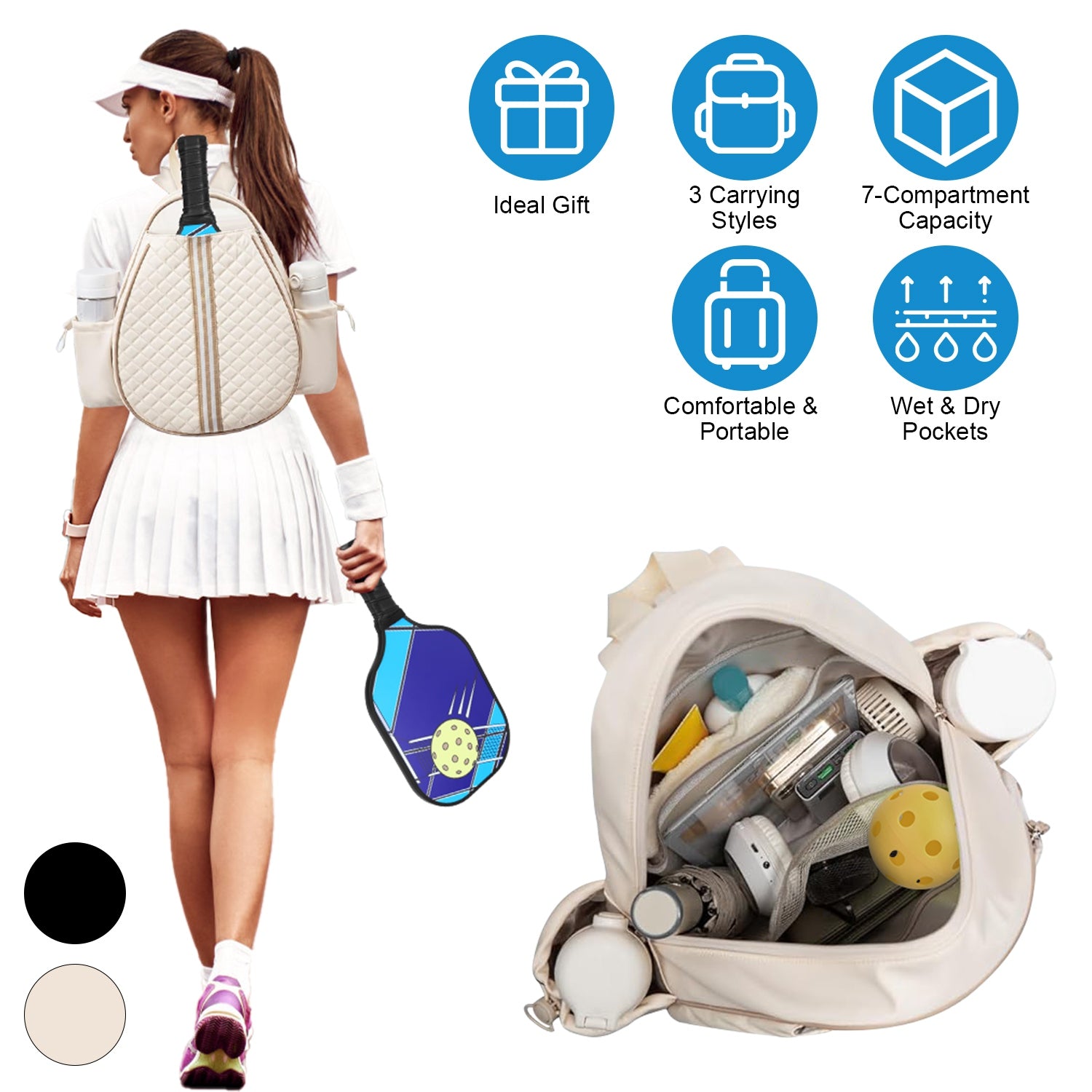 2 Color Options -- Pickleball Sling Bag For Men Women Waterproof Badminton Tennis Backpack With Wet Pocket Hidden Fence Hook Machine Washable
