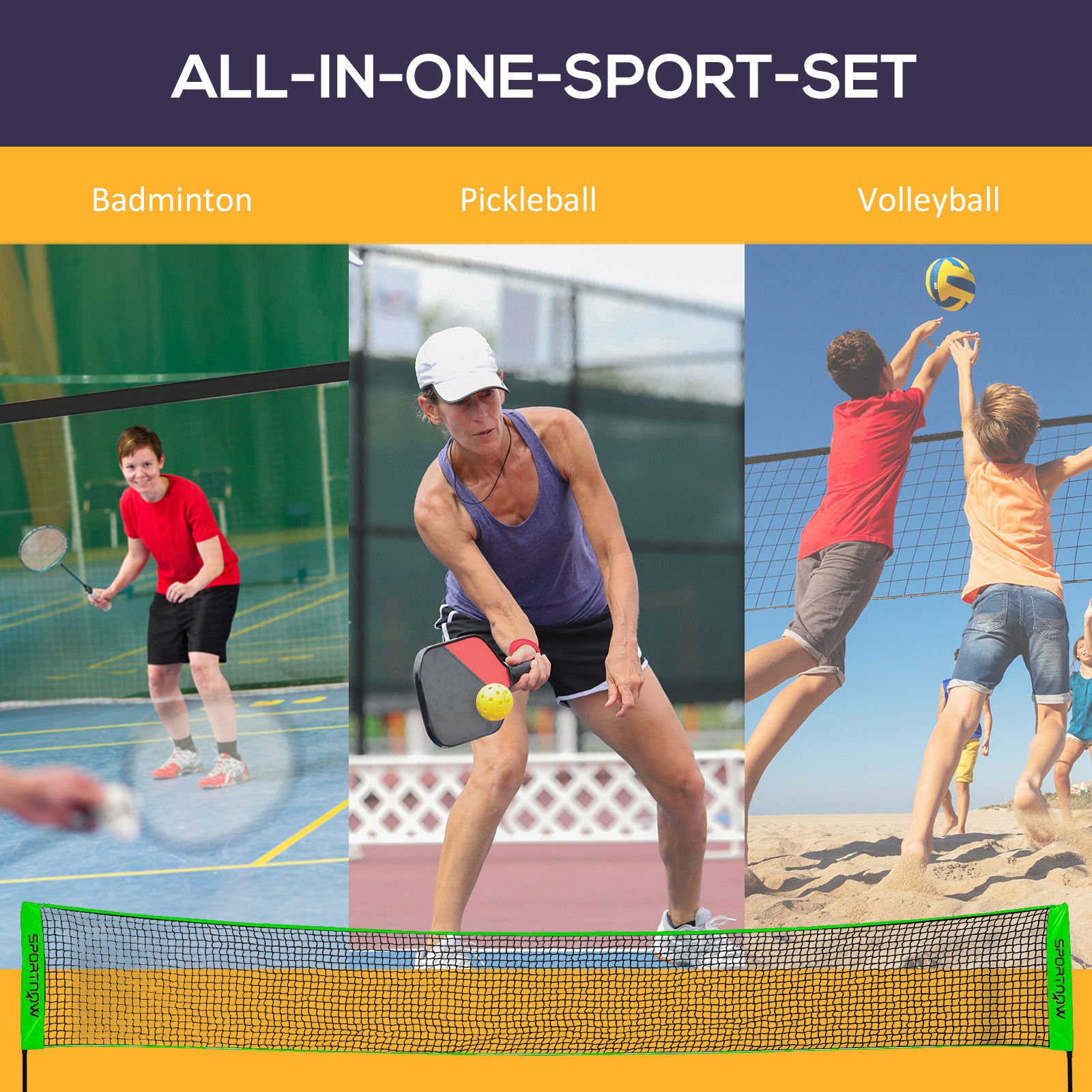 SPORTNOW Badminton Net Set, Height Adjustable Net For Pickleball, Volleyball, Badminton, With 3 Shuttlecocks, 4 Rackets