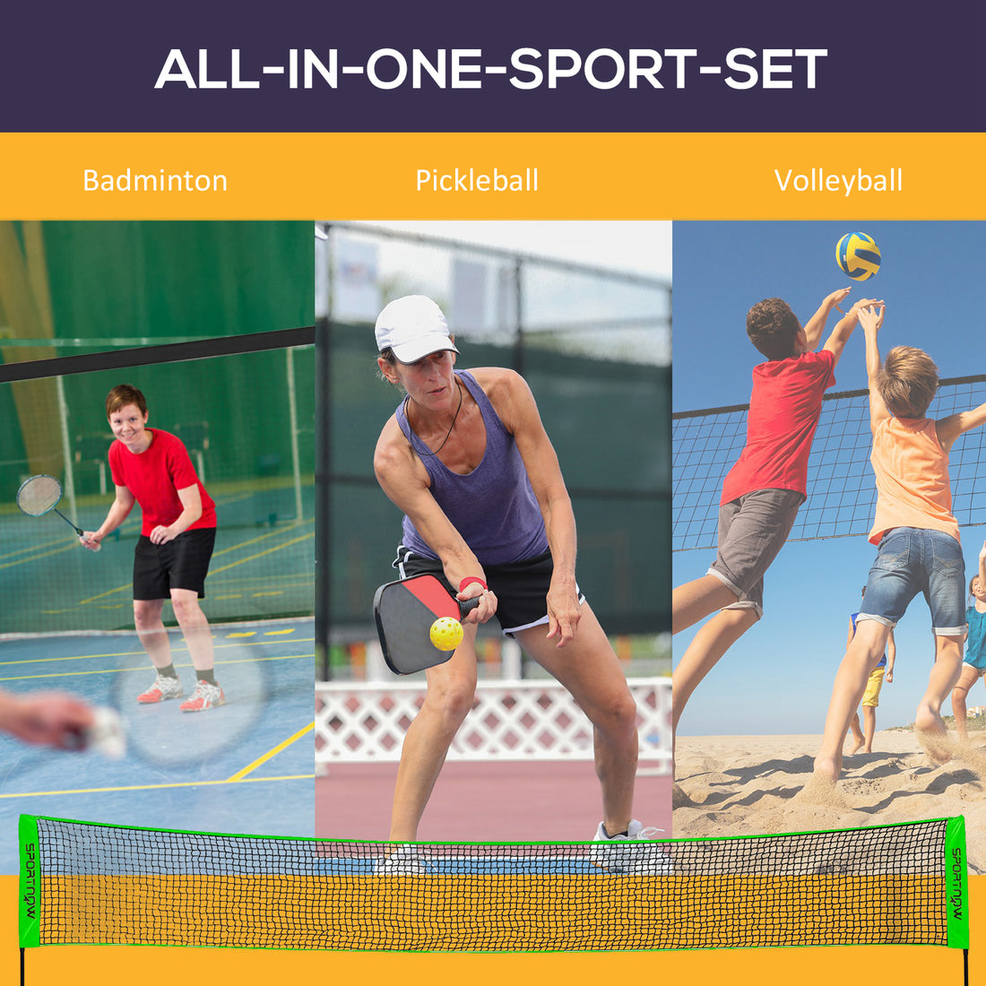 SPORTNOW Badminton Net Set, Height Adjustable Net For Pickleball, Volleyball, Badminton, With 3 Shuttlecocks, 4 Rackets