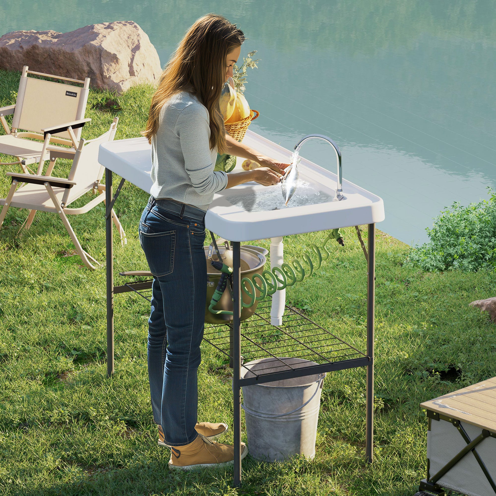 Folding Fish Cleaning Table With Sink, Portable Camping Table With Faucet, Drainage Hose, Sprayer And Shelf, White