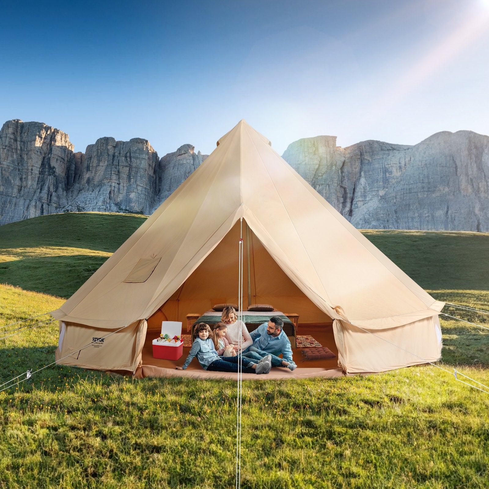 3-5 Person Canvas Glamping Bell Tent, Breathable Waterproof Yurt Tent With Stove Jack And Detachable Side Wall For Family Camping, 10'x 10'x98"(Diameter 3M)