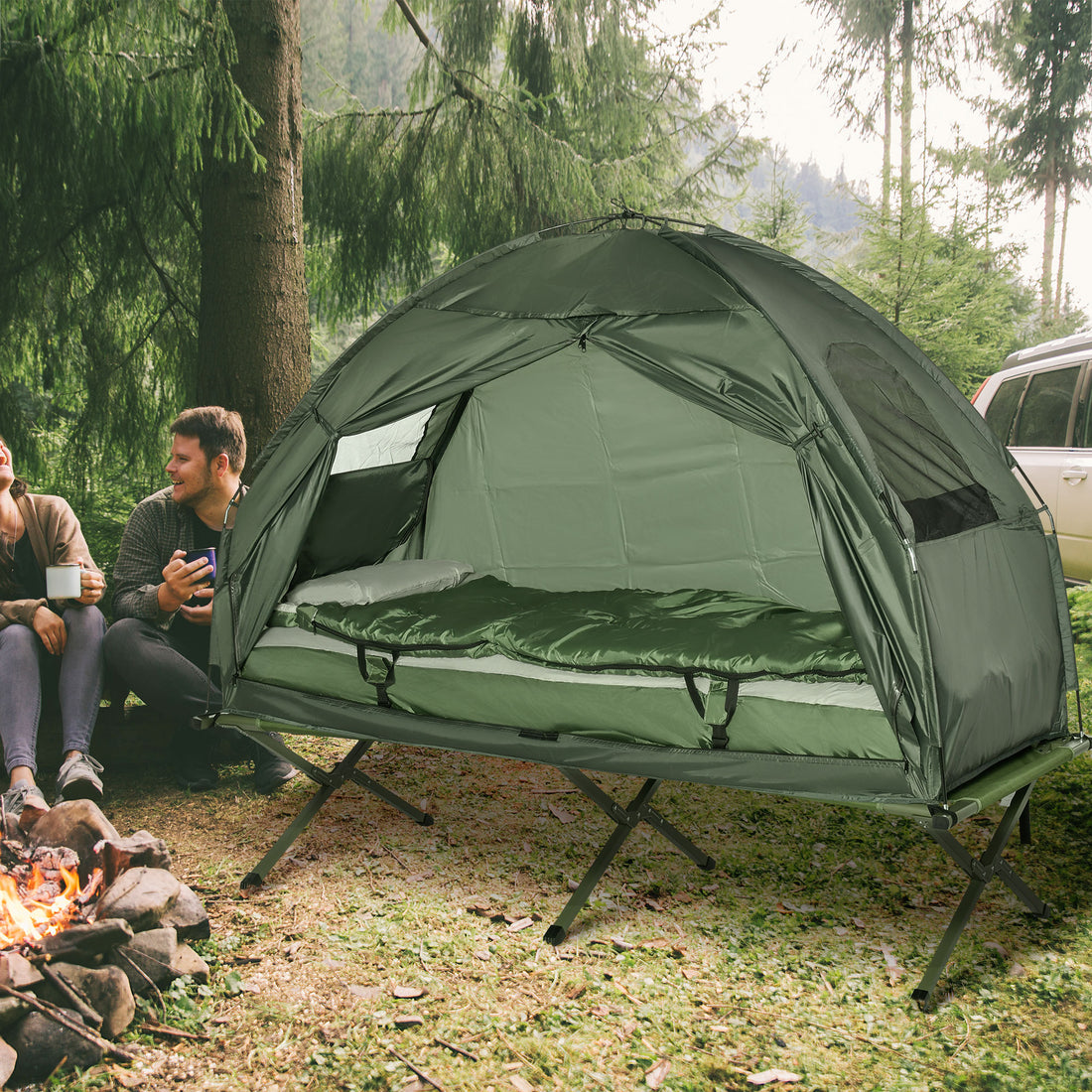 Folding Camping Cot For Adults All-in-One Elevated Tent With Sleeping Bag Thick Air Mattress Portable Single Bed