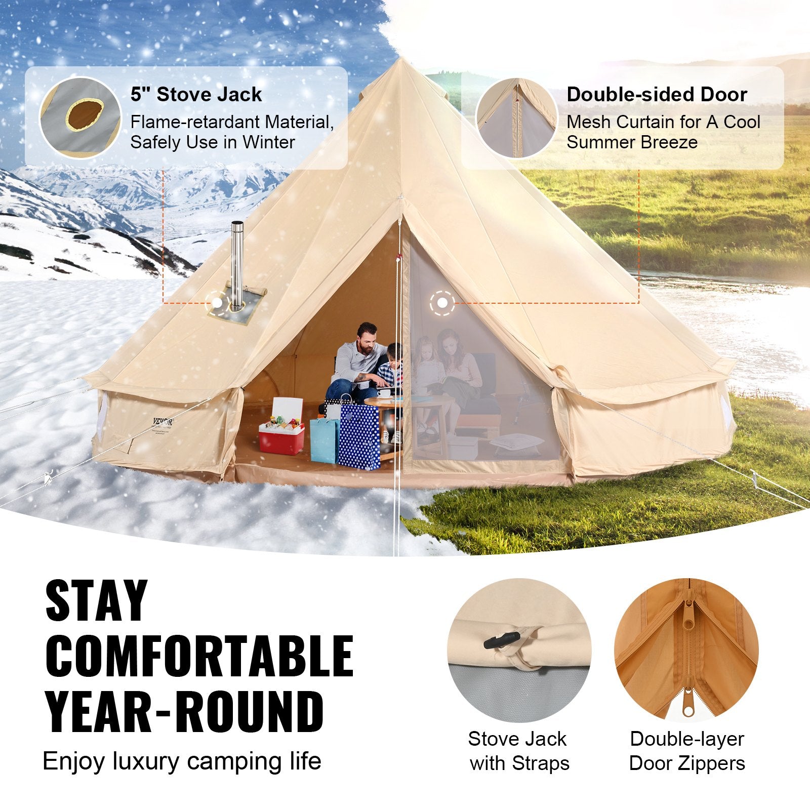 5-8 Person Canvas Glamping Bell Tent, Breathable Waterproof Yurt Tent With Stove Jack And Detachable Side Wall For Family Camping,13'x 13'x98"(Diameter 4M)
