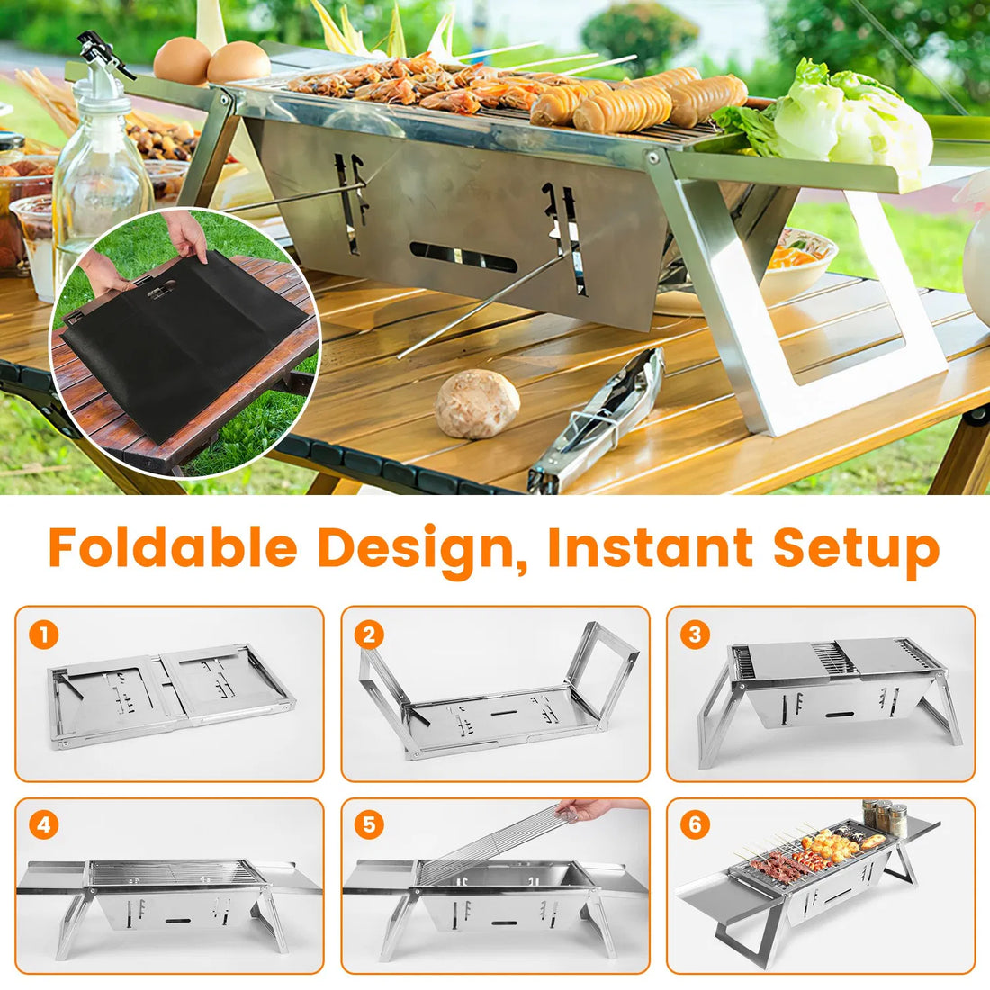 3 In 1 Foldable Charcoal Grill Fire Pit Slow Cooker 2-3 People Portable Camping Grill Stainless Steel BBQ Grill For Camping Tailgating Yard GPCT5452
