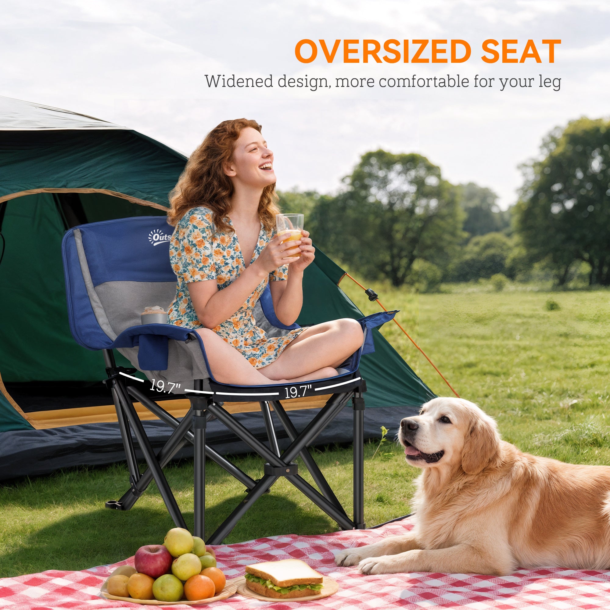 Camping Chair for Adults, Portable Folding Camping Chair with Side Pockets, Cup Holders, Carry Bag, Blue and Gray