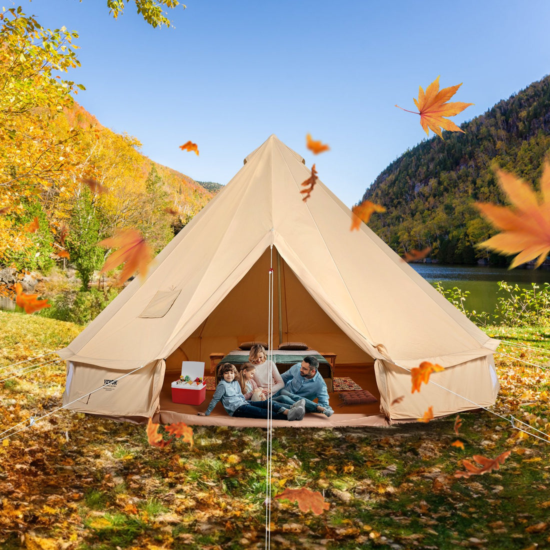 5-8 Person Canvas Glamping Bell Tent, Breathable Waterproof Yurt Tent With Stove Jack And Detachable Side Wall For Family Camping,13'x 13'x98"(Diameter 4M)