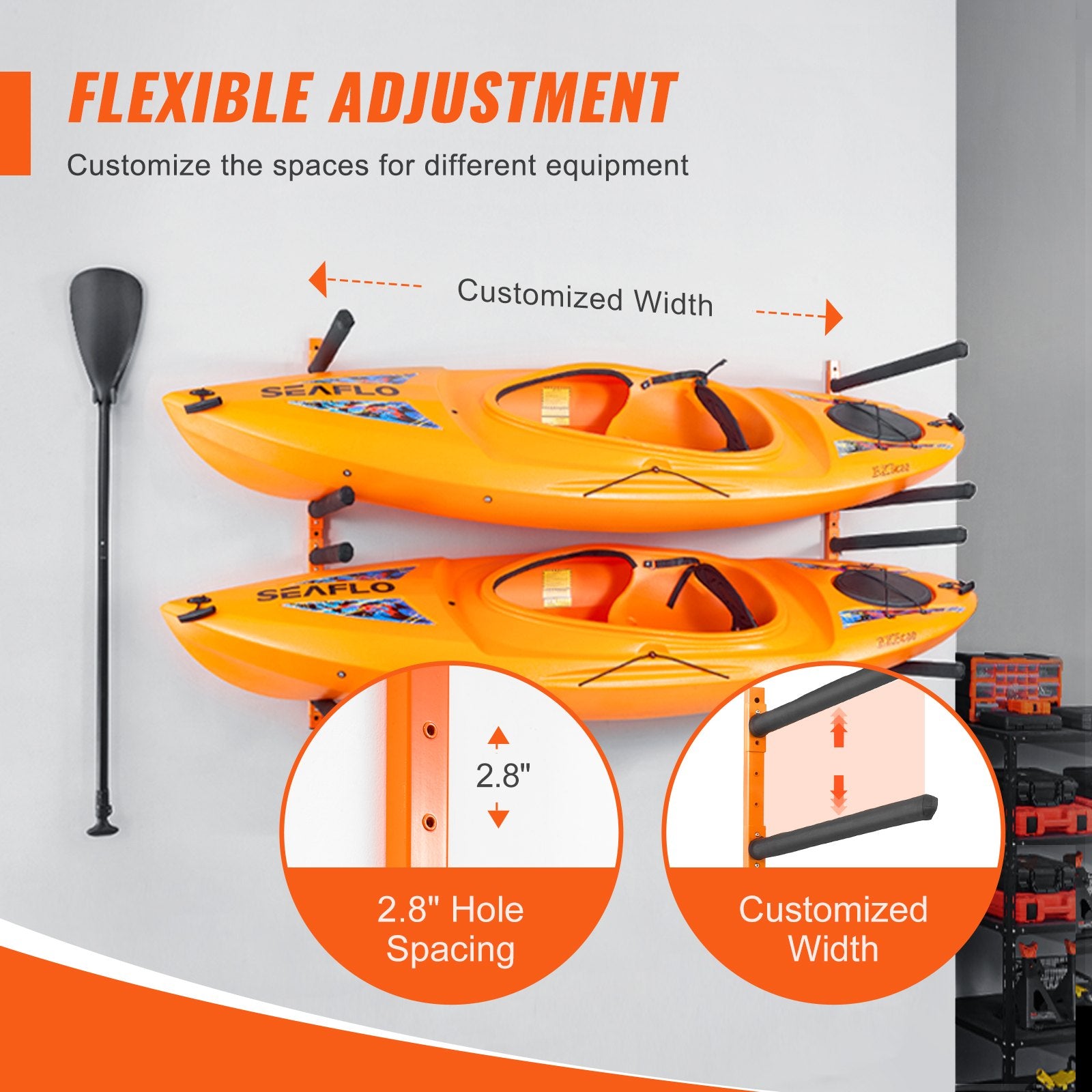 Wall Kayak Storage Rack, 4-Capacity Wall Mounted Kayak Holders For Kayak Canoe Paddle Board, Kayak Storage Hooks With Adjustable Padded Arms, 400 LBS Load Kayak Hanger For Indoor Outdoor Garage
