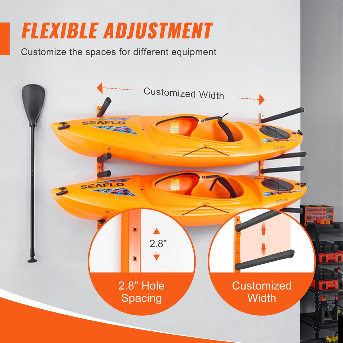 Wall Kayak Storage Rack, 4-Capacity Wall Mounted Kayak Holders For Kayak Canoe Paddle Board, Kayak Storage Hooks With Adjustable Padded Arms, 400 LBS Load Kayak Hanger For Indoor Outdoor Garage