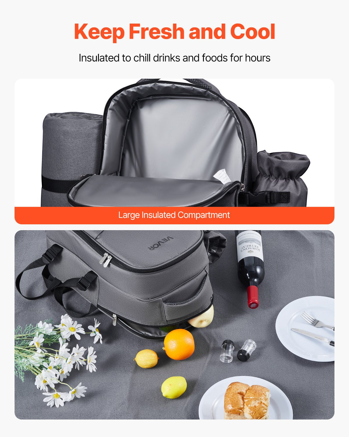 Beach Picnic Backpack Bag For 2 Person With Cooler Compartment Grey