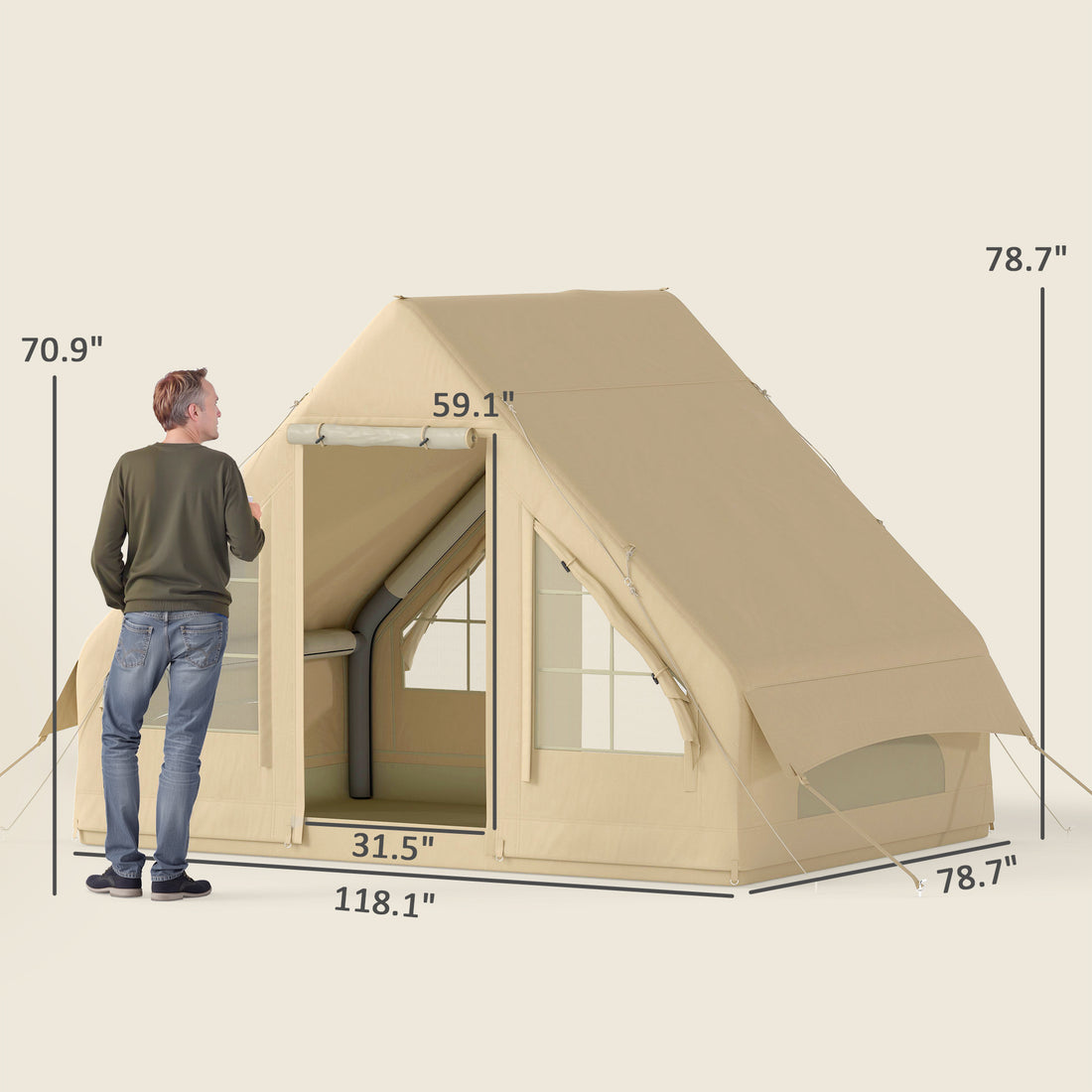 Inflatable Camping Tent With Hand Pump, 4 Season Blow Up Tent, Waterproof And Windproof With Mesh Windows And Doors