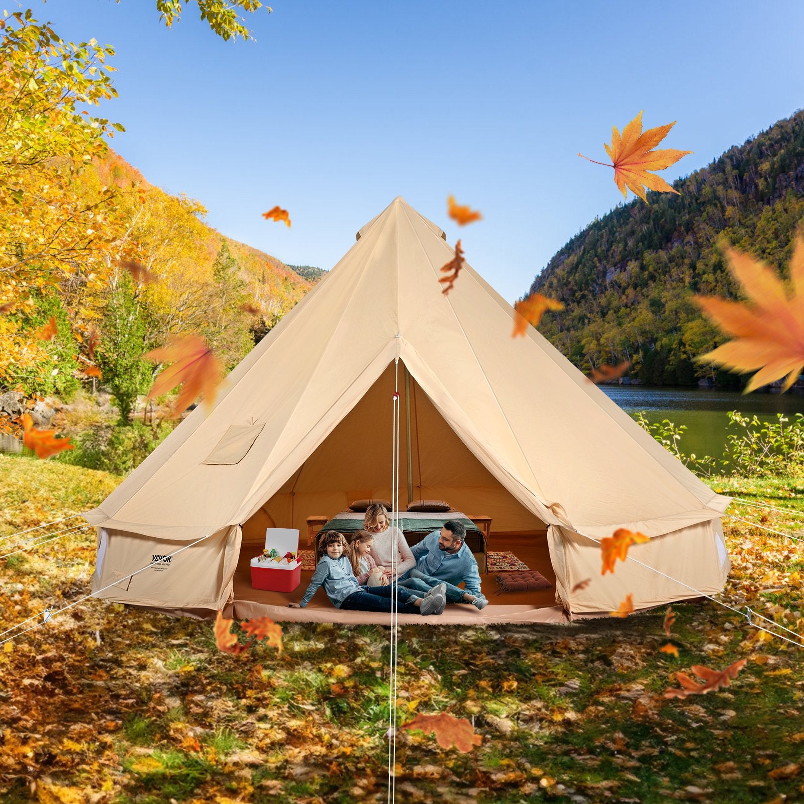 3-5 Person Canvas Glamping Bell Tent, Breathable Waterproof Yurt Tent With Stove Jack And Detachable Side Wall For Family Camping, 10'x 10'x98"(Diameter 3M)