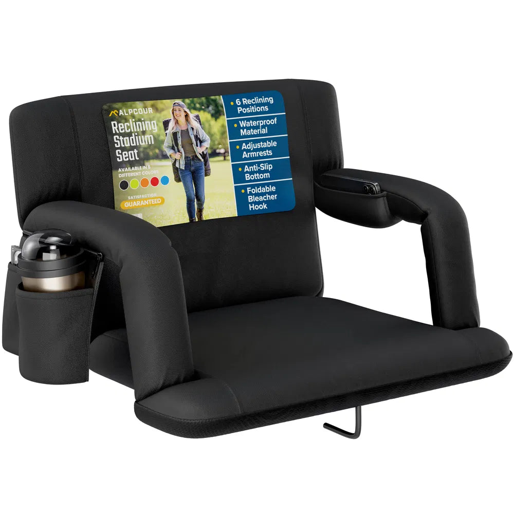 Alpcour Reclining Stadium Seat - Waterproof Foldable Camping Chair With Extra Thick Padding And Wide Back Support