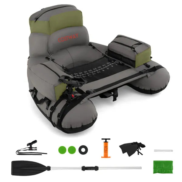 350lbs Inflatable Fishing Float Tube - 2 Air Chambers, Rod Holder+Fish Ruler, Green+Gray