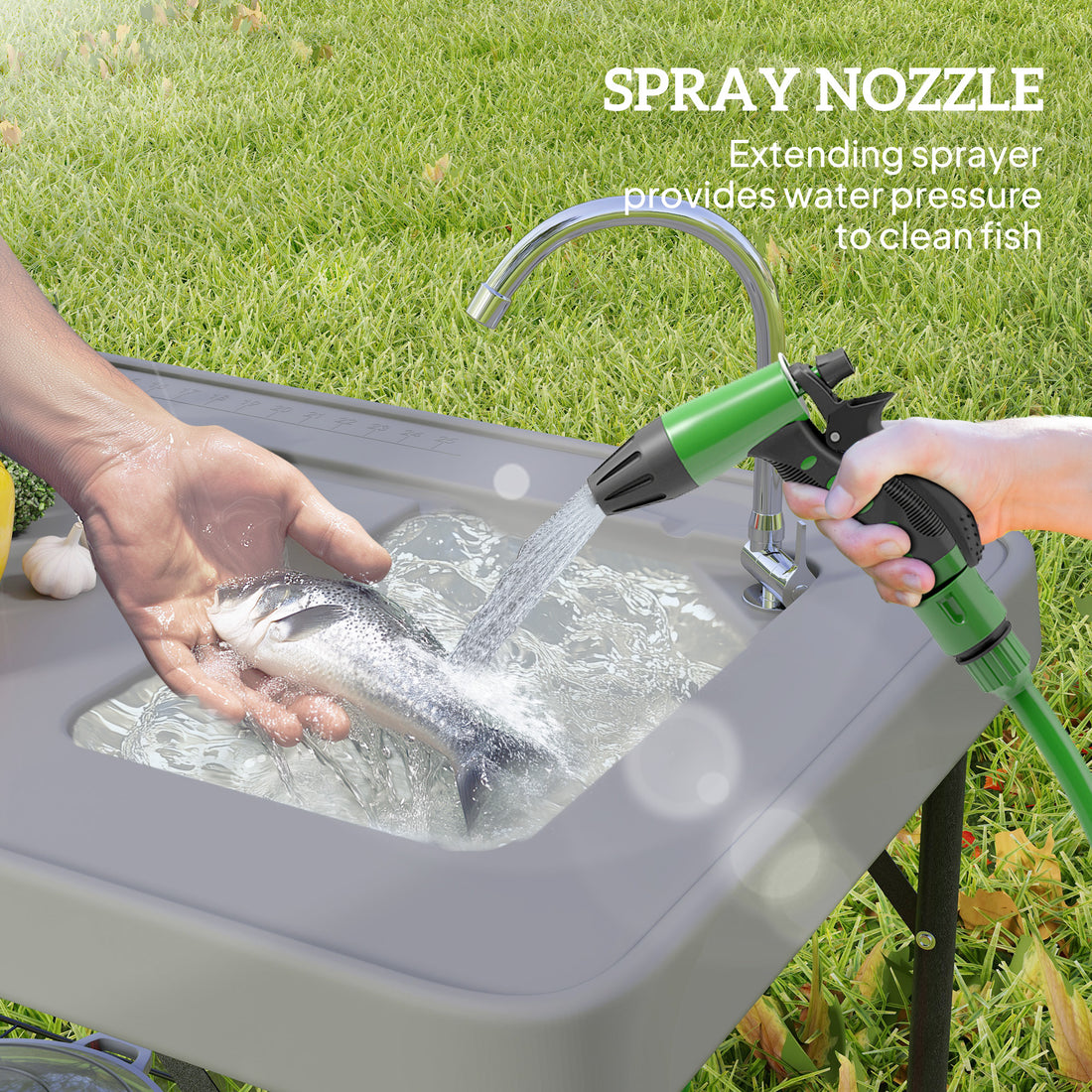 Folding Fish Cleaning Table With Sink, Portable Camping Table With Faucet, Drainage Hose, Sprayer And Shelf, Gray