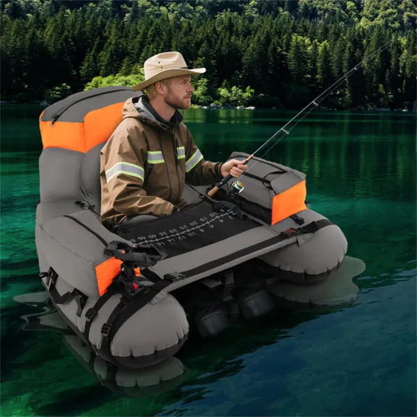 350lbs Inflatable Fishing Float Tube - 2 Air Chambers, Rod Holder+Fish Ruler, Orange+Gray