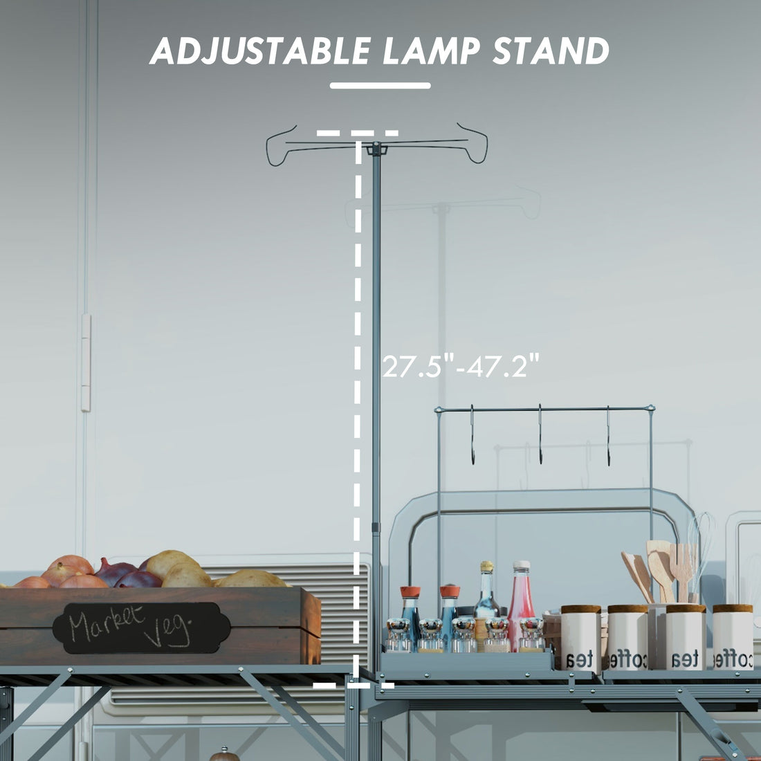 Folding Camp Kitchen, Camping Table Cooking Station with Adjustable Lamp Stand