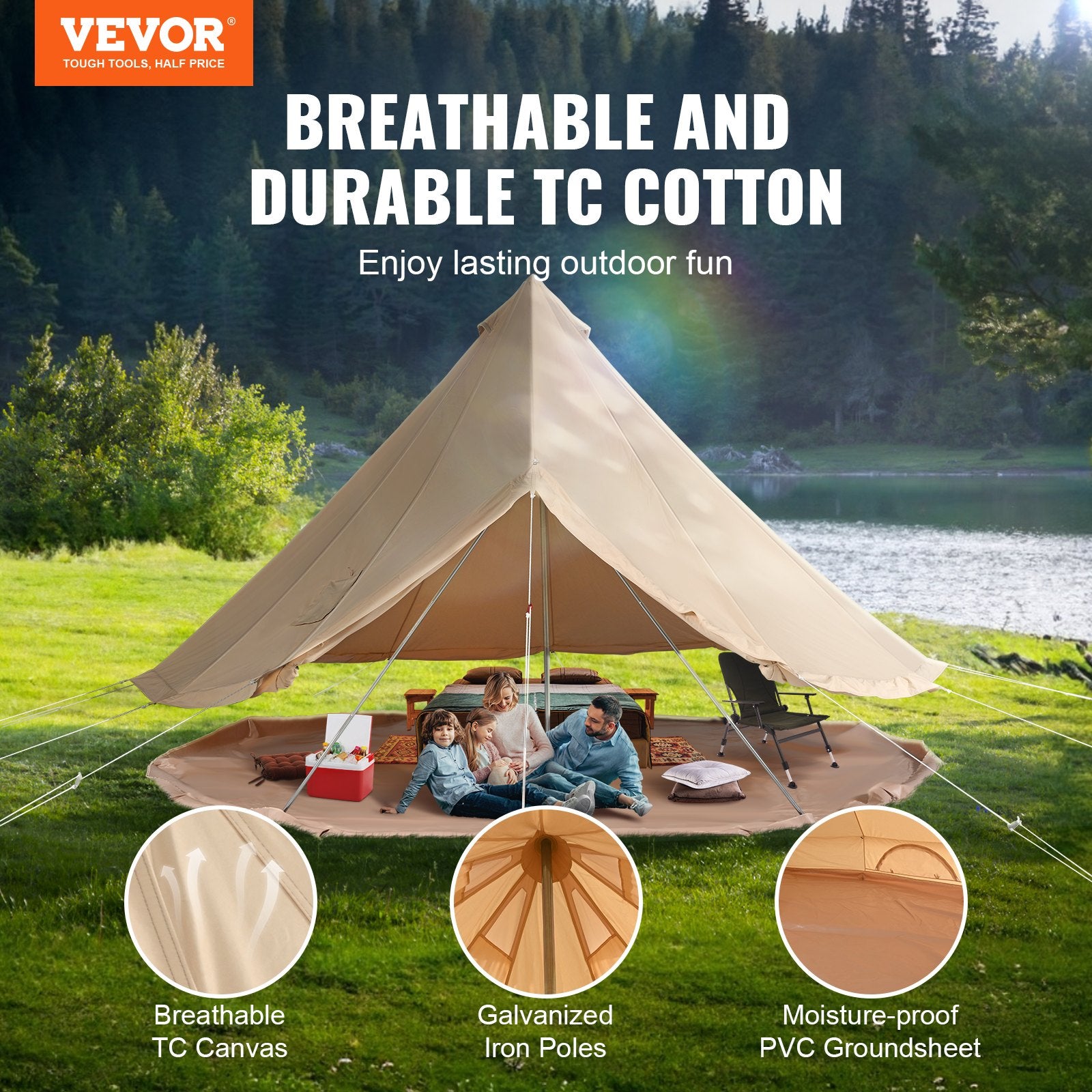 12 Person Canvas Glamping Bell Tent, Breathable Waterproof Large Yurt Tent With Stove Jack And Detachable Side Wall For Family Camping, 23'x23'x137"(Diameter 7M)