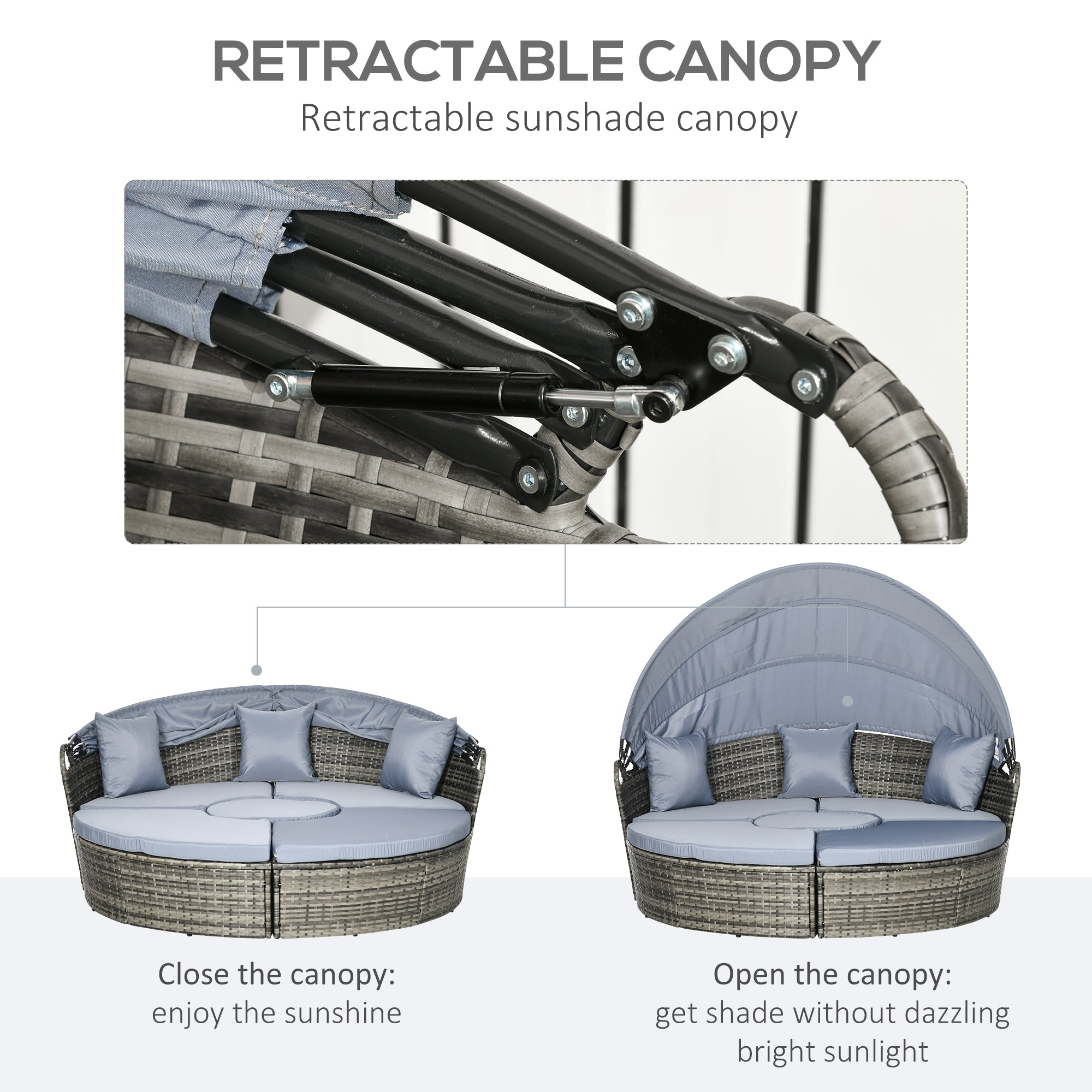 4 Piece Round Rattan Daybed, Convertible Patio Furniture Set, Adjustable Sun Canopy, Sectional Outdoor Sofa, 2 Chairs, Extending Tea Table Ottoman Chair, 3 Pillows, Light Gray