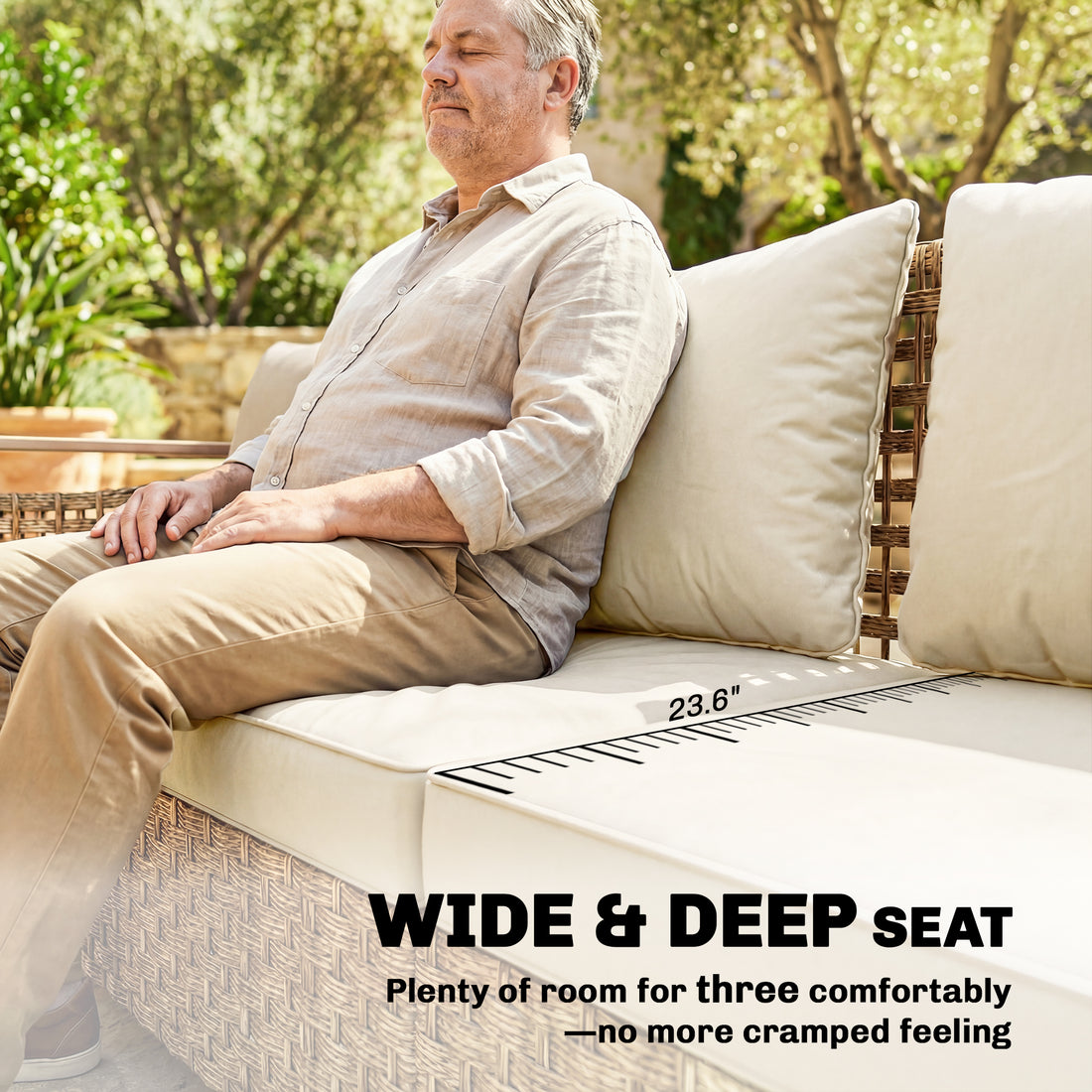 Rattan Wicker Sofa 3-Seater Outdoor Patio Sofa with Cushions for Garden Backyard Porch Beige