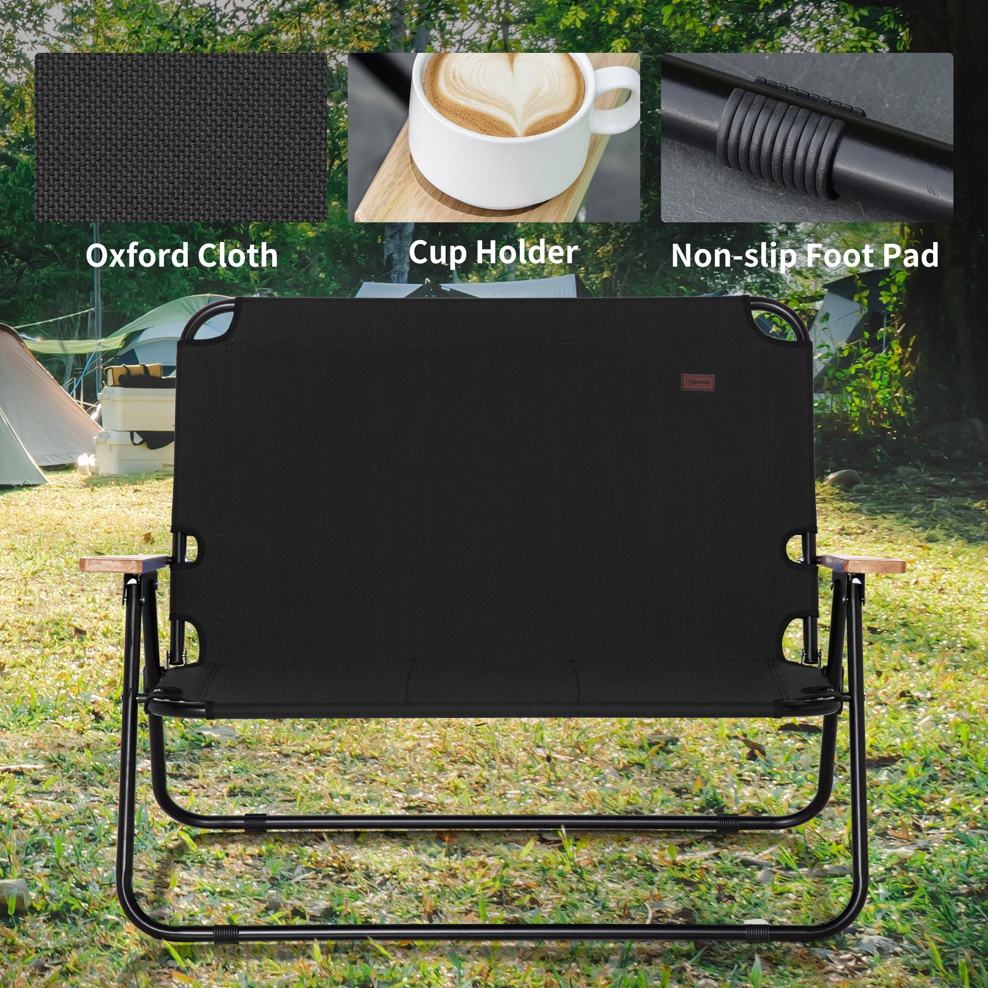 Double Folding Camping Chair, Loveseat for 2 Adults, Portable Camping Couch with Wood Armrest & Cupholders, for Backpacking, Beach, Sports Travel, Black